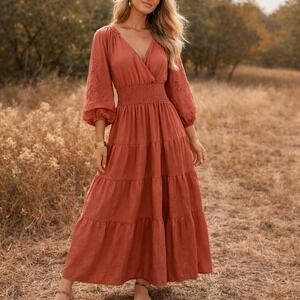 Penelope Rose Maxi Sz M Terracotta Boho Eyelet Boho Prairie Peasant Romantic